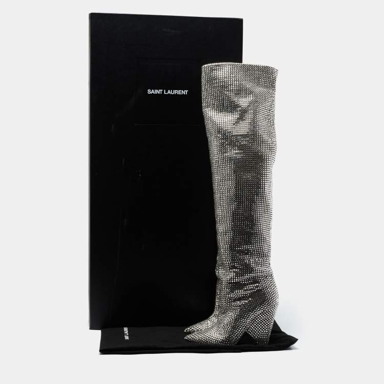 Pre Owned Saint Laurent Silver Crystal And Suede Over The Knee Boots Size 40 