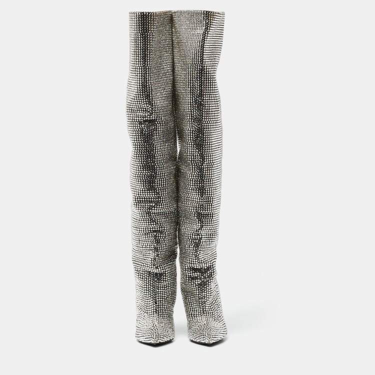 Pre Owned Saint Laurent Silver Crystal And Suede Over The Knee Boots Size 40 