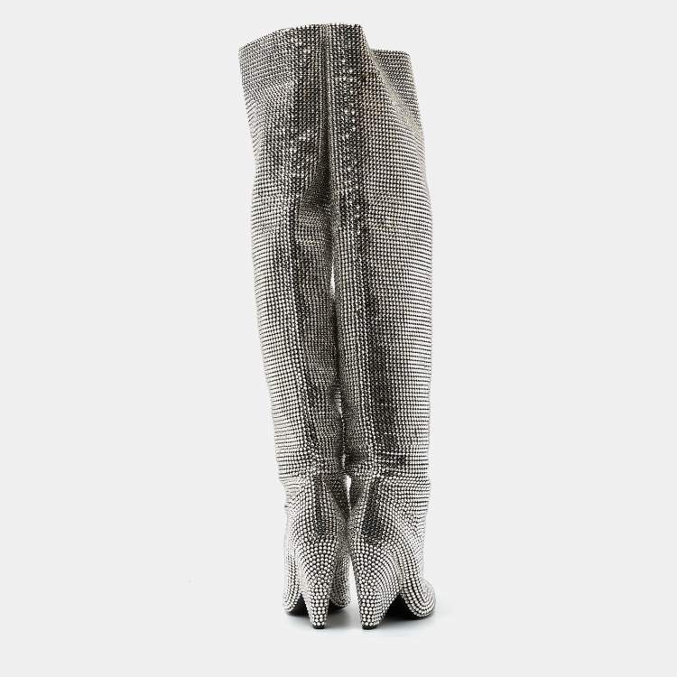 Pre Owned Saint Laurent Silver Crystal And Suede Over The Knee Boots Size 40 