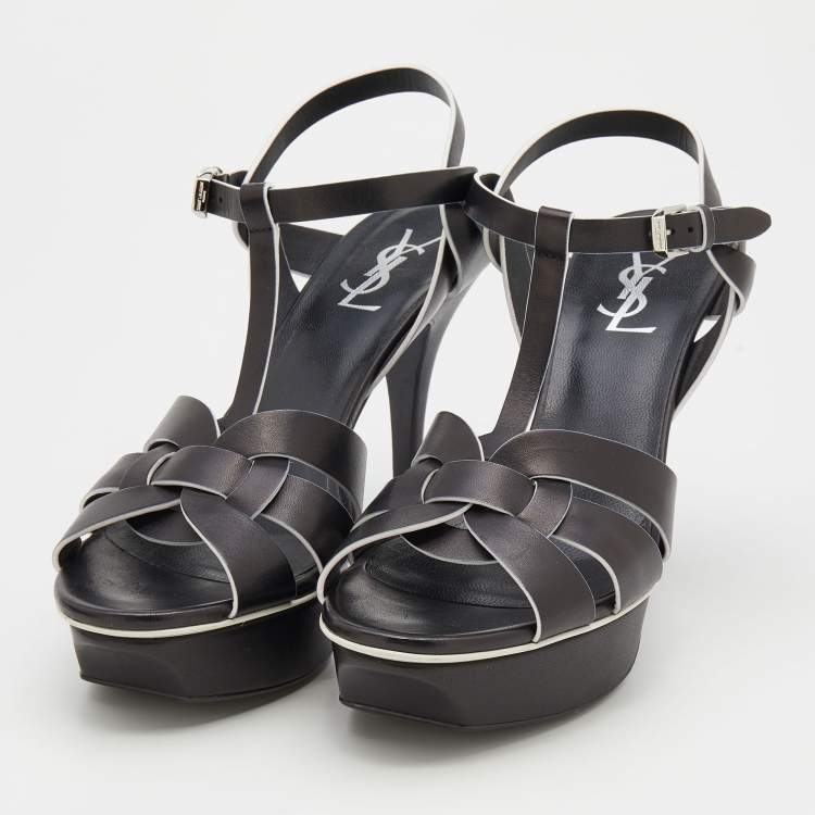 Pre Owned Saint Laurent Black/White Leather Tribute Platform Sandals Size 39