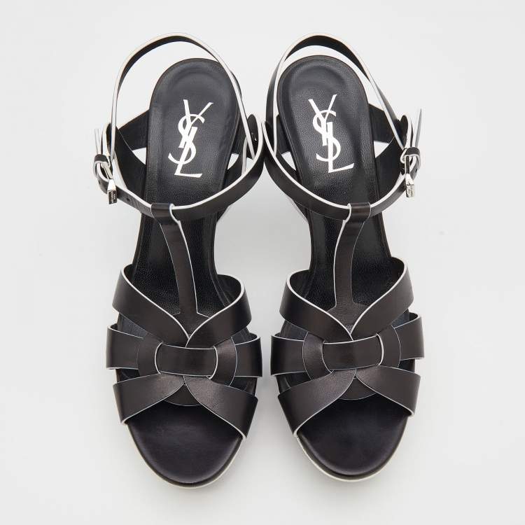 Pre Owned Saint Laurent Black/White Leather Tribute Platform Sandals Size 39