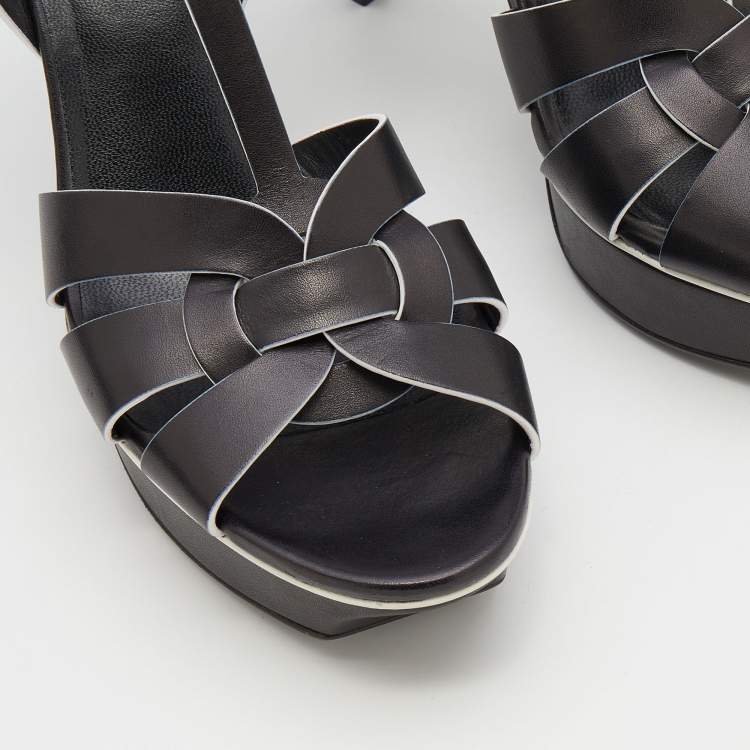Pre Owned Saint Laurent Black/White Leather Tribute Platform Sandals Size 39