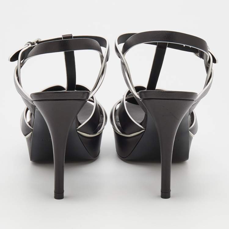 Pre Owned Saint Laurent Black/White Leather Tribute Platform Sandals Size 39