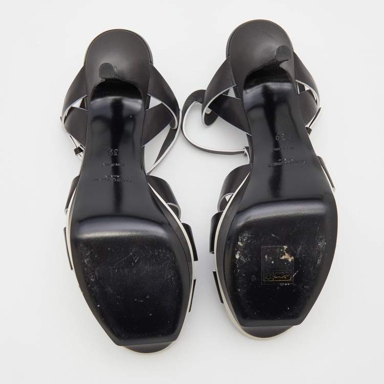 Pre Owned Saint Laurent Black/White Leather Tribute Platform Sandals Size 39