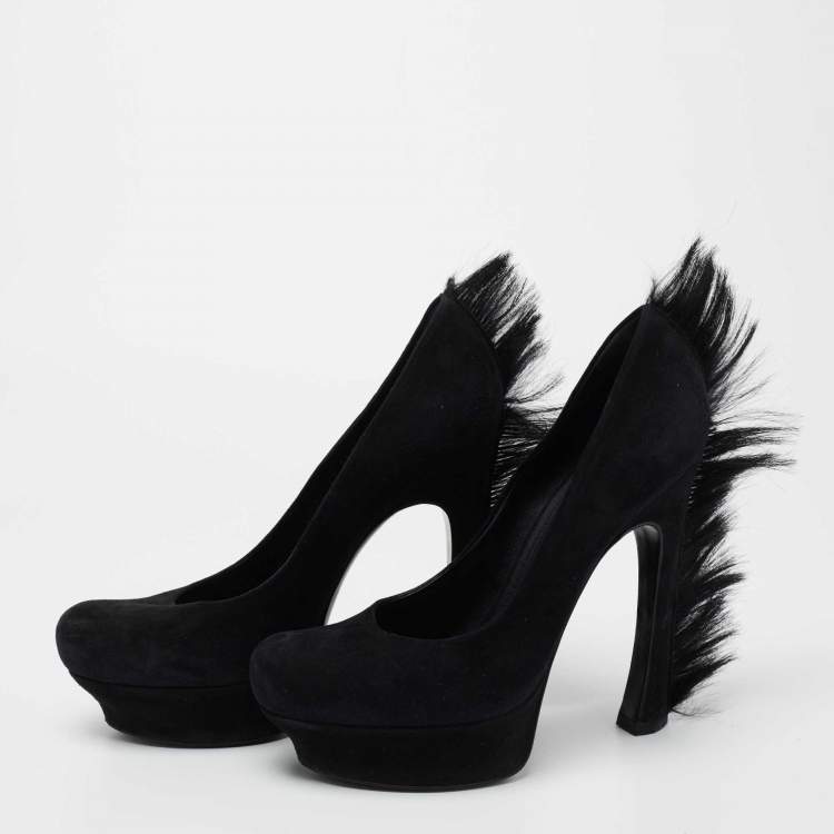Pre Owned Saint Laurent Black Suede And Fur Tribtoo Platform Pumps Size 39