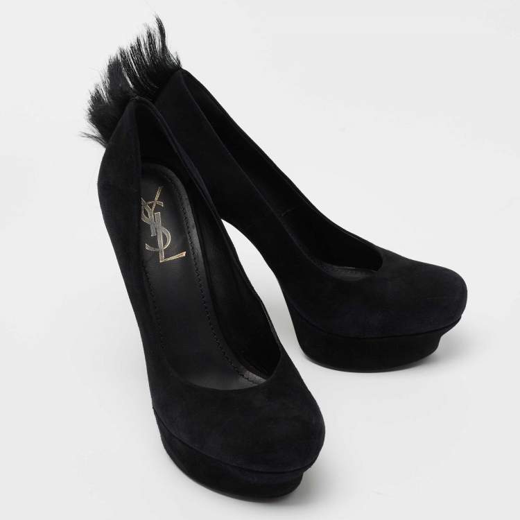 Pre Owned Saint Laurent Black Suede And Fur Tribtoo Platform Pumps Size 39