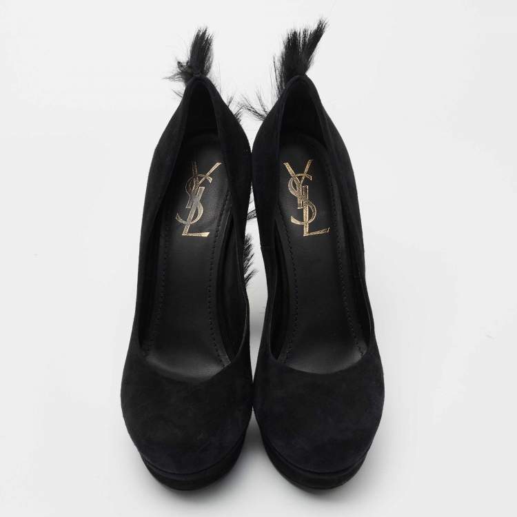 Pre Owned Saint Laurent Black Suede And Fur Tribtoo Platform Pumps Size 39