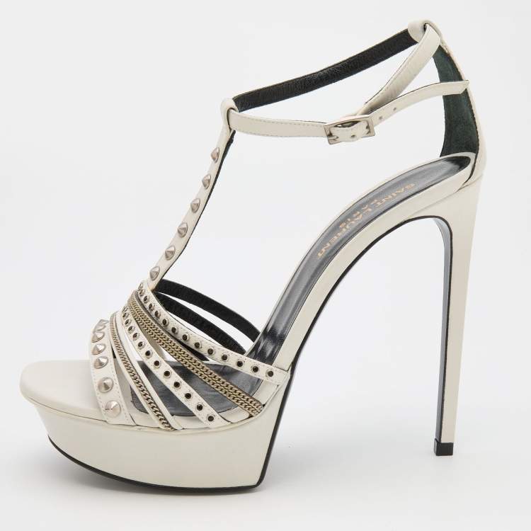مملوكة مسبقًا Saint Laurent White Leather Alice Studded Platform Sandals Size 39.5