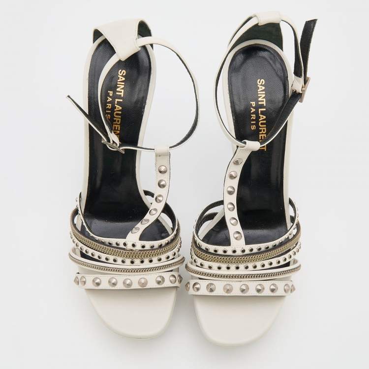 مملوكة مسبقًا Saint Laurent White Leather Alice Studded Platform Sandals Size 39.5