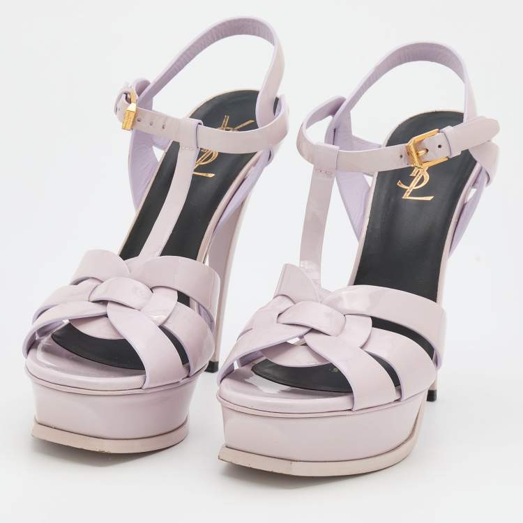 Pre Owned Saint Laurent Light Lilac Patent Leather Tribute Platform Sandals Size 39.5