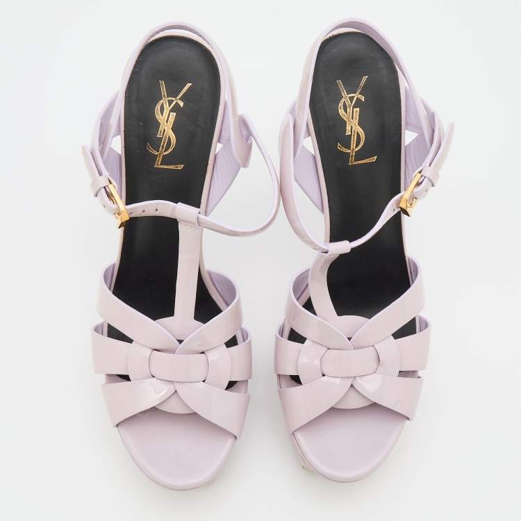 Pre Owned Saint Laurent Light Lilac Patent Leather Tribute Platform Sandals Size 39.5