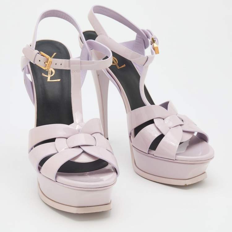 Pre Owned Saint Laurent Light Lilac Patent Leather Tribute Platform Sandals Size 39.5
