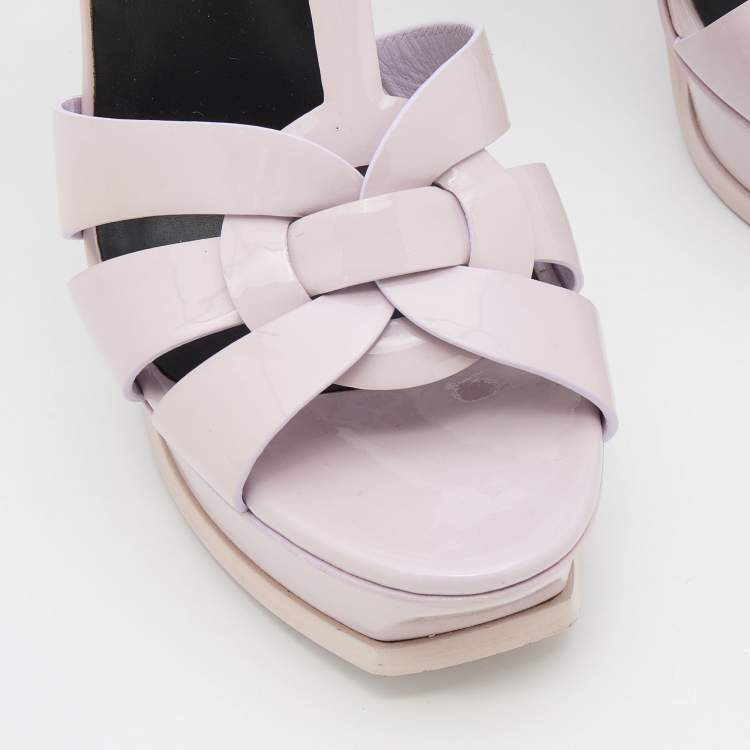 Pre Owned Saint Laurent Light Lilac Patent Leather Tribute Platform Sandals Size 39.5