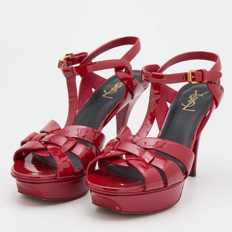Pre Owned Saint Laurent Red Patent Leather Tribute Sandals Size 39.5