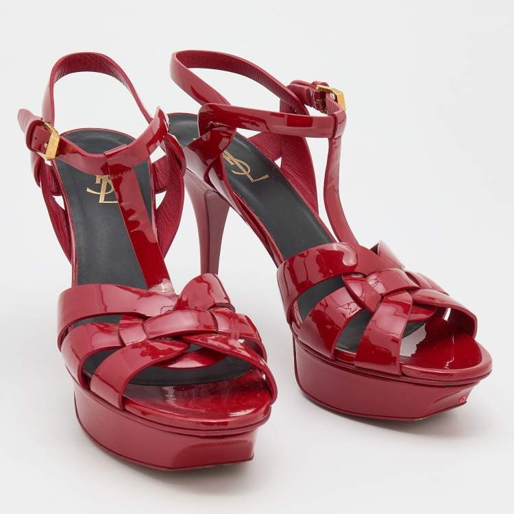 Pre Owned Saint Laurent Red Patent Leather Tribute Sandals Size 39.5
