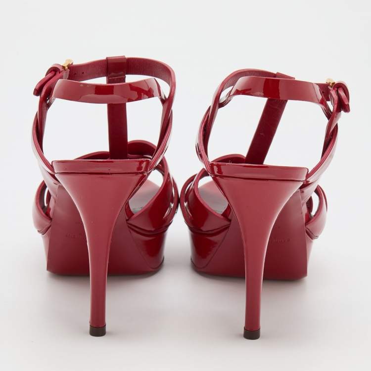 Pre Owned Saint Laurent Red Patent Leather Tribute Sandals Size 39.5