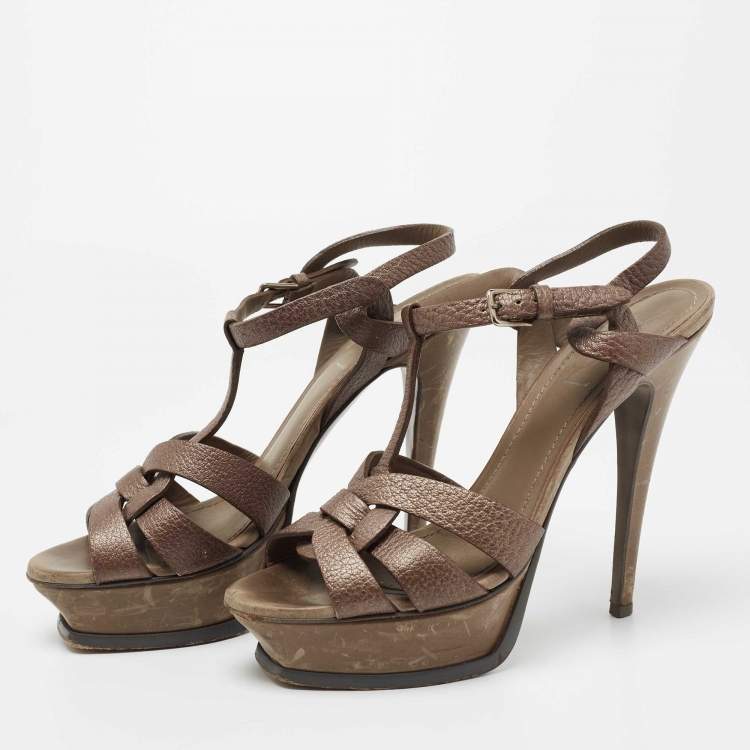 مملوكة مسبقًا Saint Laurent Metallic Bronze Leather Tribute  Ankle Sandals Size 37.5