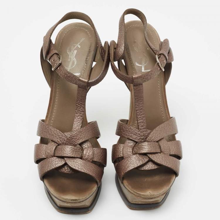 مملوكة مسبقًا Saint Laurent Metallic Bronze Leather Tribute  Ankle Sandals Size 37.5