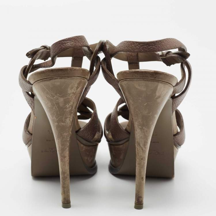 مملوكة مسبقًا Saint Laurent Metallic Bronze Leather Tribute  Ankle Sandals Size 37.5
