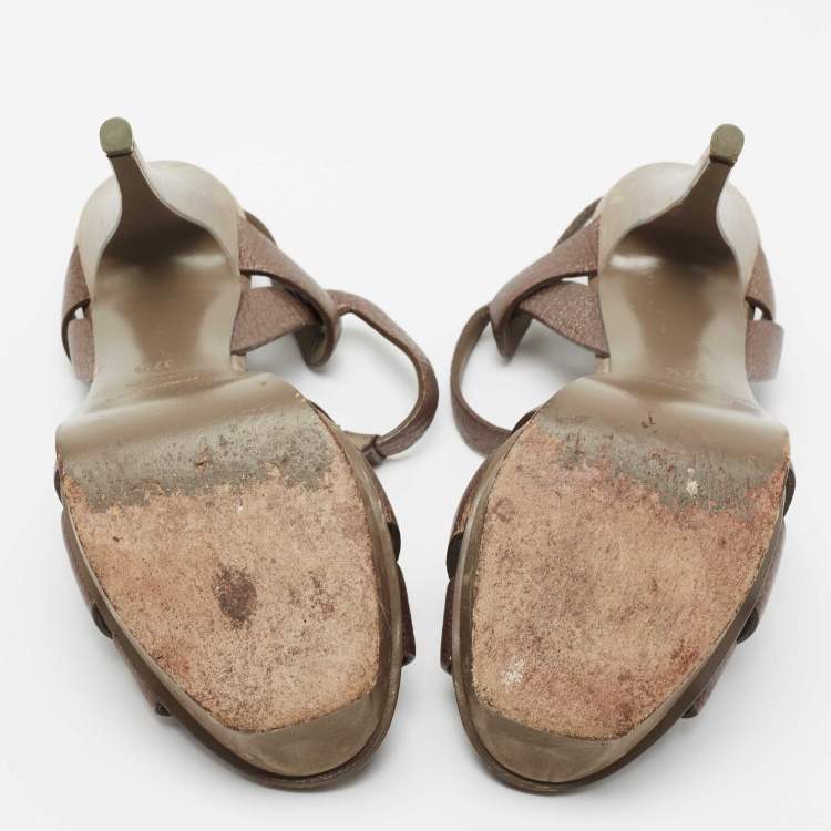 مملوكة مسبقًا Saint Laurent Metallic Bronze Leather Tribute  Ankle Sandals Size 37.5