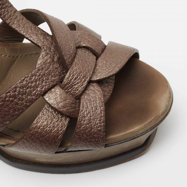 مملوكة مسبقًا Saint Laurent Metallic Bronze Leather Tribute  Ankle Sandals Size 37.5