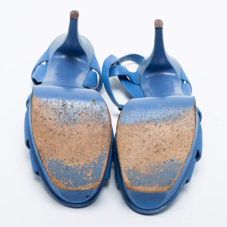 Pre Owned Saint Laurent Blue Leather Tribute Ankle Sandals Size 38 