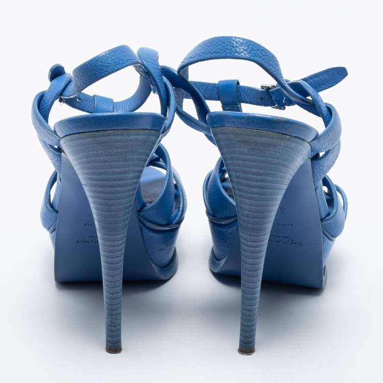 Pre Owned Saint Laurent Blue Leather Tribute Ankle Sandals Size 38 