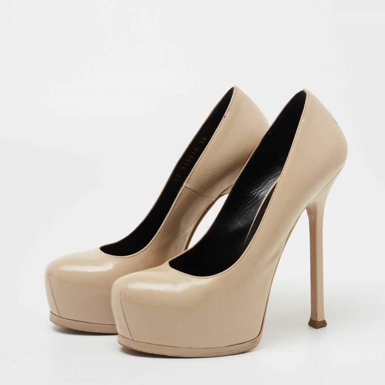 Pre Owned Saint Laurent Beige Leather Tribtoo Platform Pumps Size 38