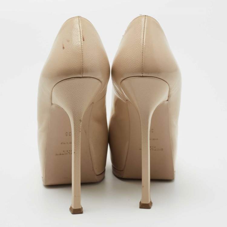 Pre Owned Saint Laurent Beige Leather Tribtoo Platform Pumps Size 38