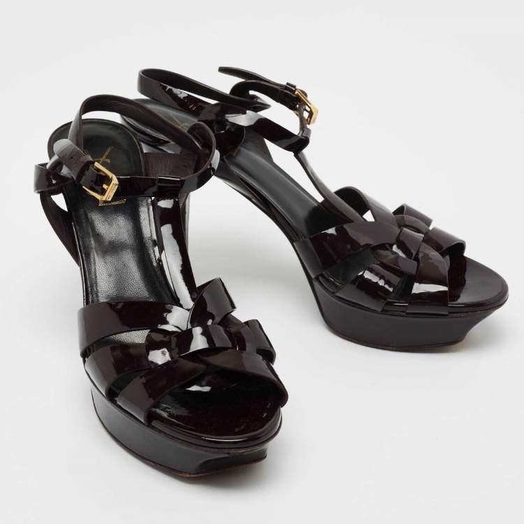 Pre Owned Saint Laurent Dark Brown Patent Leather Tribute Platform Sandals Size 40
