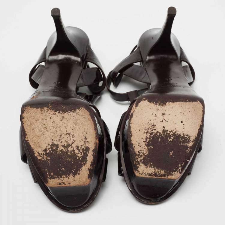Pre Owned Saint Laurent Dark Brown Patent Leather Tribute Platform Sandals Size 40