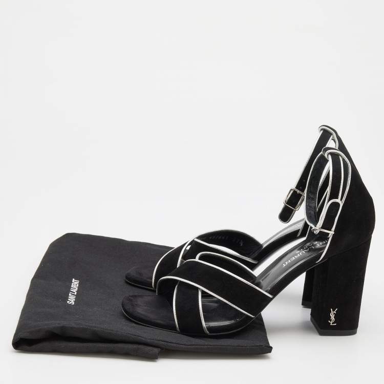 Pre Owned Saint Laurent Black/Silver Suede and Leather Ankle Strap Sandals Size 37.5