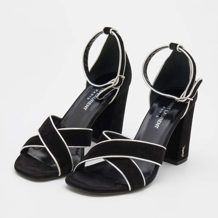 Pre Owned Saint Laurent Black/Silver Suede and Leather Ankle Strap Sandals Size 37.5