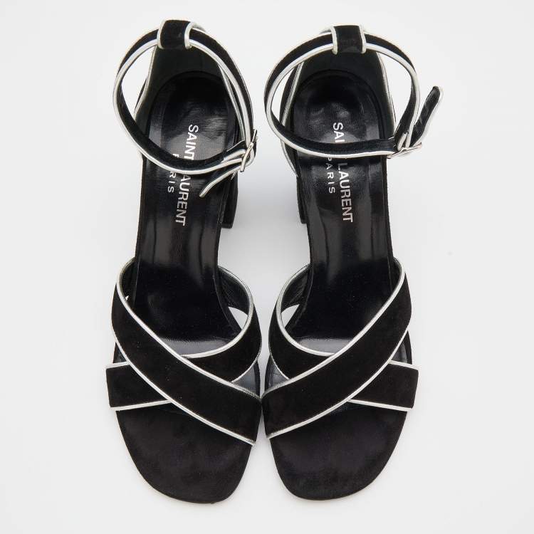 Pre Owned Saint Laurent Black/Silver Suede and Leather Ankle Strap Sandals Size 37.5