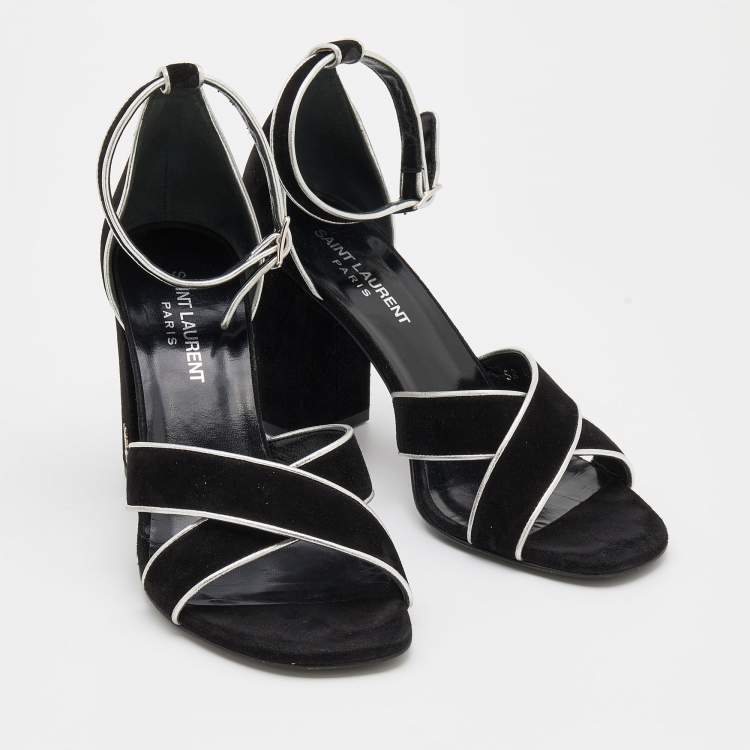 Pre Owned Saint Laurent Black/Silver Suede and Leather Ankle Strap Sandals Size 37.5