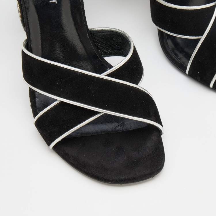 Pre Owned Saint Laurent Black/Silver Suede and Leather Ankle Strap Sandals Size 37.5