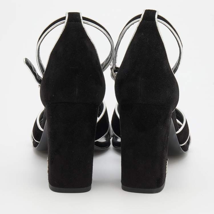 Pre Owned Saint Laurent Black/Silver Suede and Leather Ankle Strap Sandals Size 37.5