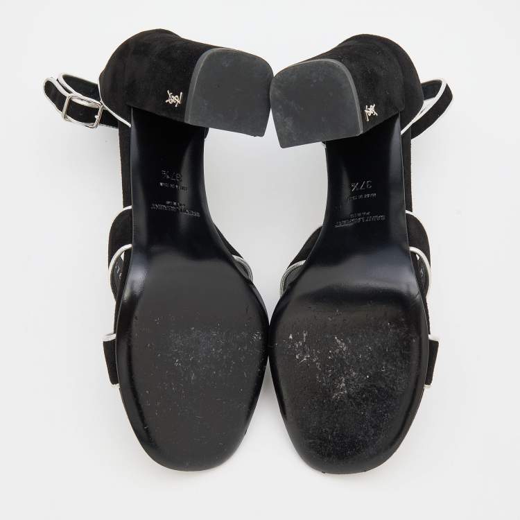 Pre Owned Saint Laurent Black/Silver Suede and Leather Ankle Strap Sandals Size 37.5
