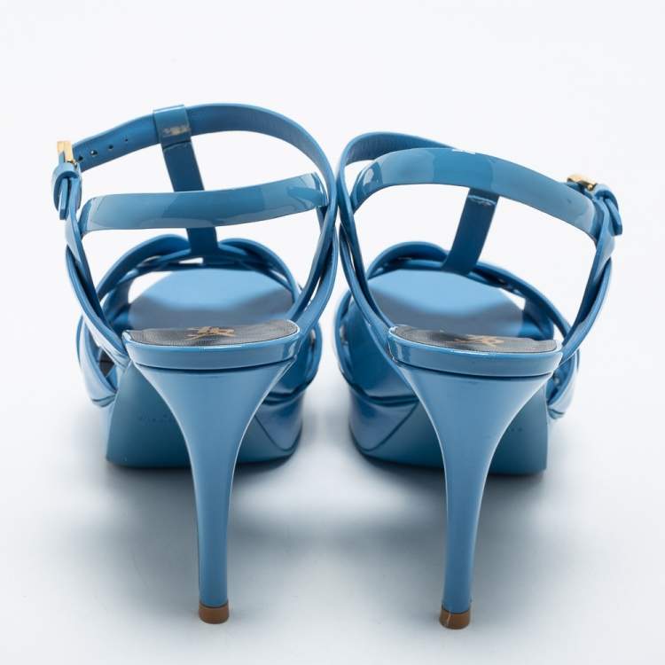 Pre Owned Saint Laurent Light Blue Patent Leather Tribute Sandals Size 38