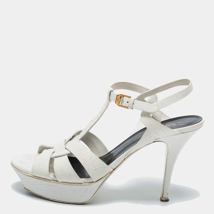 مملوكة مسبقًا Saint Laurent White Lizard Embossed Leather Tribute Sandals Size 40
