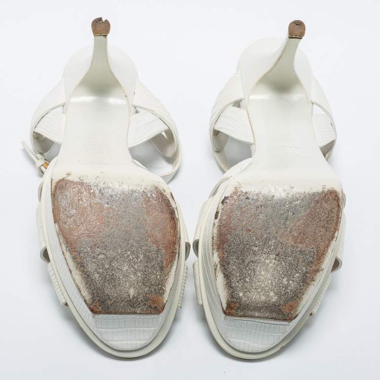 مملوكة مسبقًا Saint Laurent White Lizard Embossed Leather Tribute Sandals Size 40