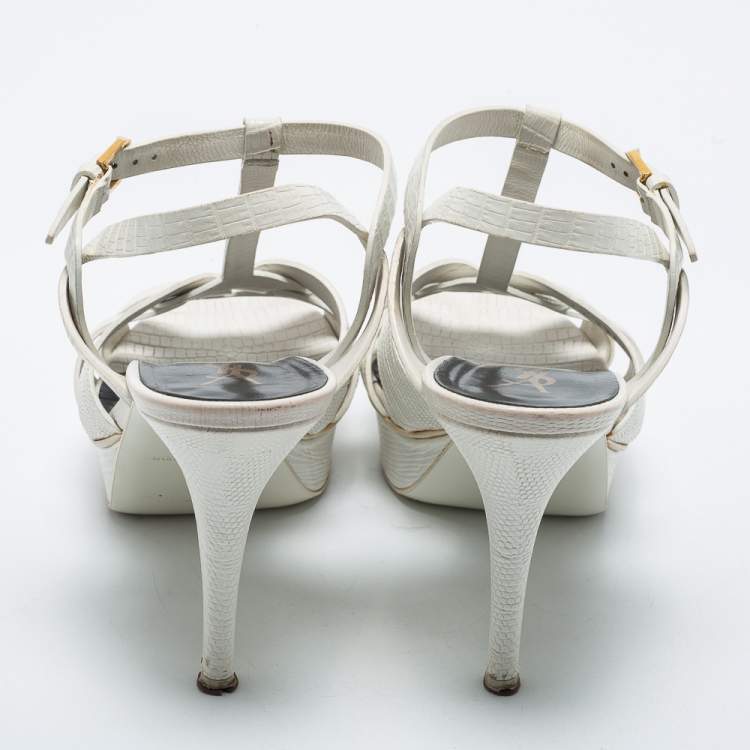 مملوكة مسبقًا Saint Laurent White Lizard Embossed Leather Tribute Sandals Size 40