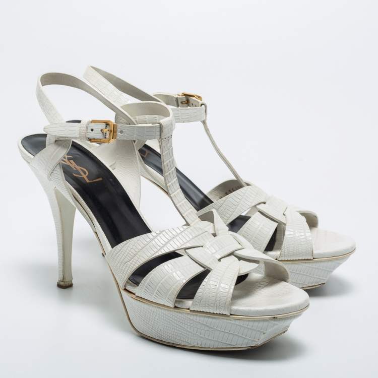 مملوكة مسبقًا Saint Laurent White Lizard Embossed Leather Tribute Sandals Size 40