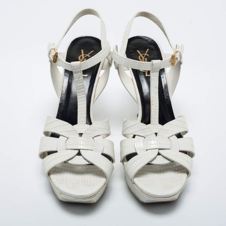 مملوكة مسبقًا Saint Laurent White Lizard Embossed Leather Tribute Sandals Size 40