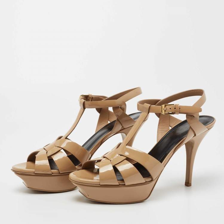 Pre Owned Saint Laurent Beige Patent Leather Tribute Sandals Size 39