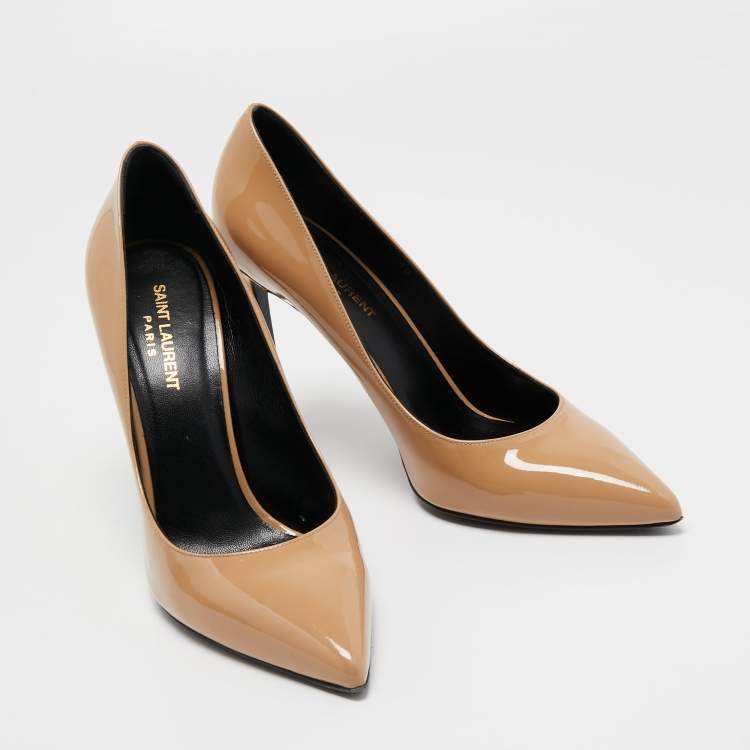 Pre Owned Saint Laurent Beige Patent Leather Pointed Toe Pumps Size 40