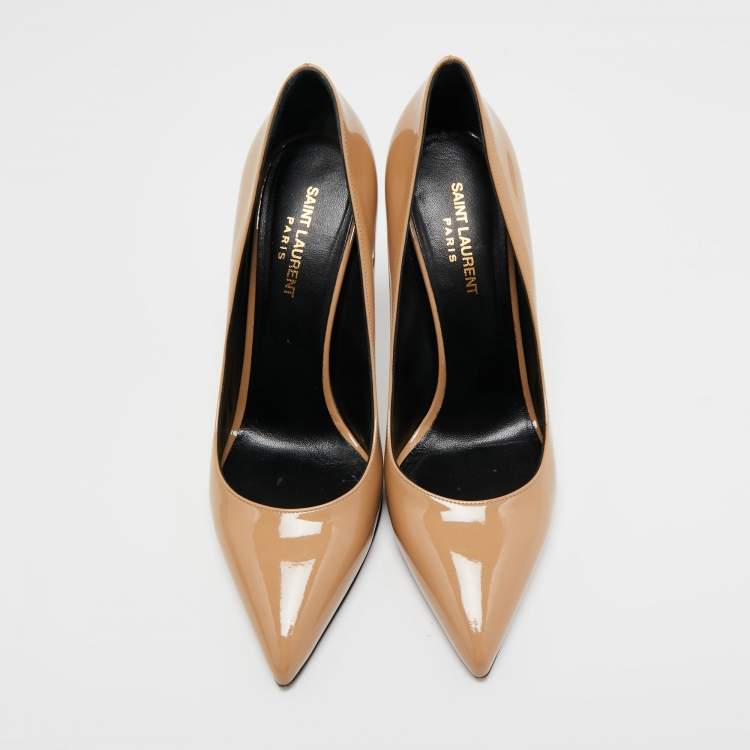 Pre Owned Saint Laurent Beige Patent Leather Pointed Toe Pumps Size 40
