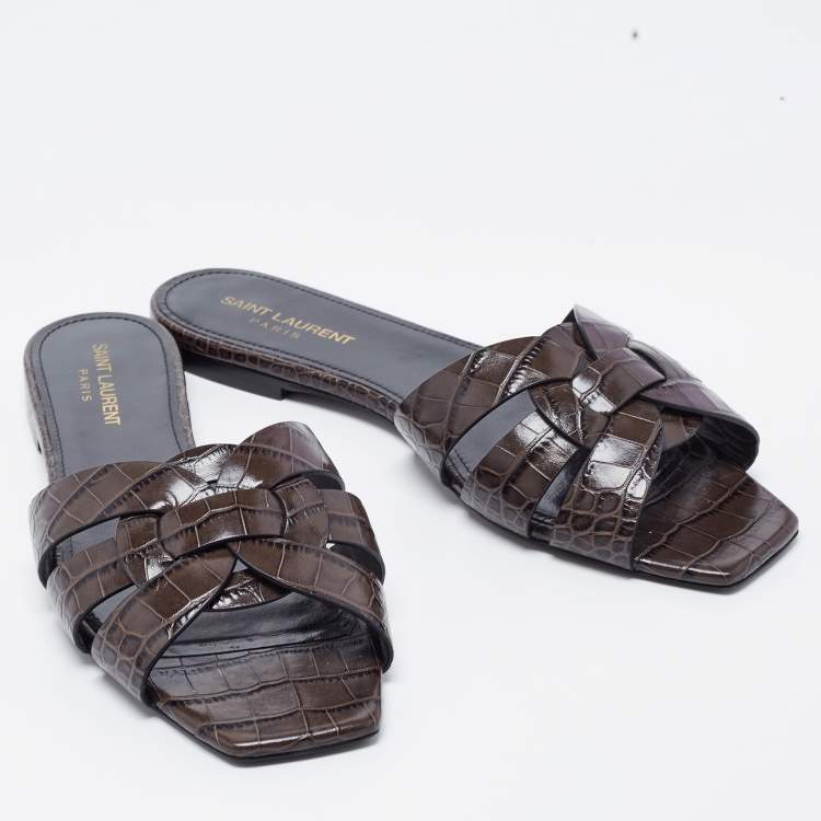 Pre Owned Saint Laurent Brown/Black Croc Embossed Leather Tribute Flats Size 40