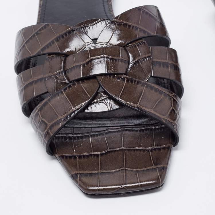 Pre Owned Saint Laurent Brown/Black Croc Embossed Leather Tribute Flats Size 40