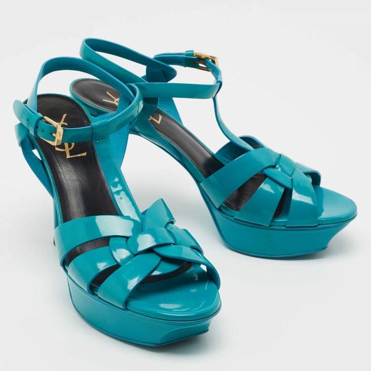 Pre Owned Saint Laurent Turquoise Patent Leather Tribute Sandals Size 38